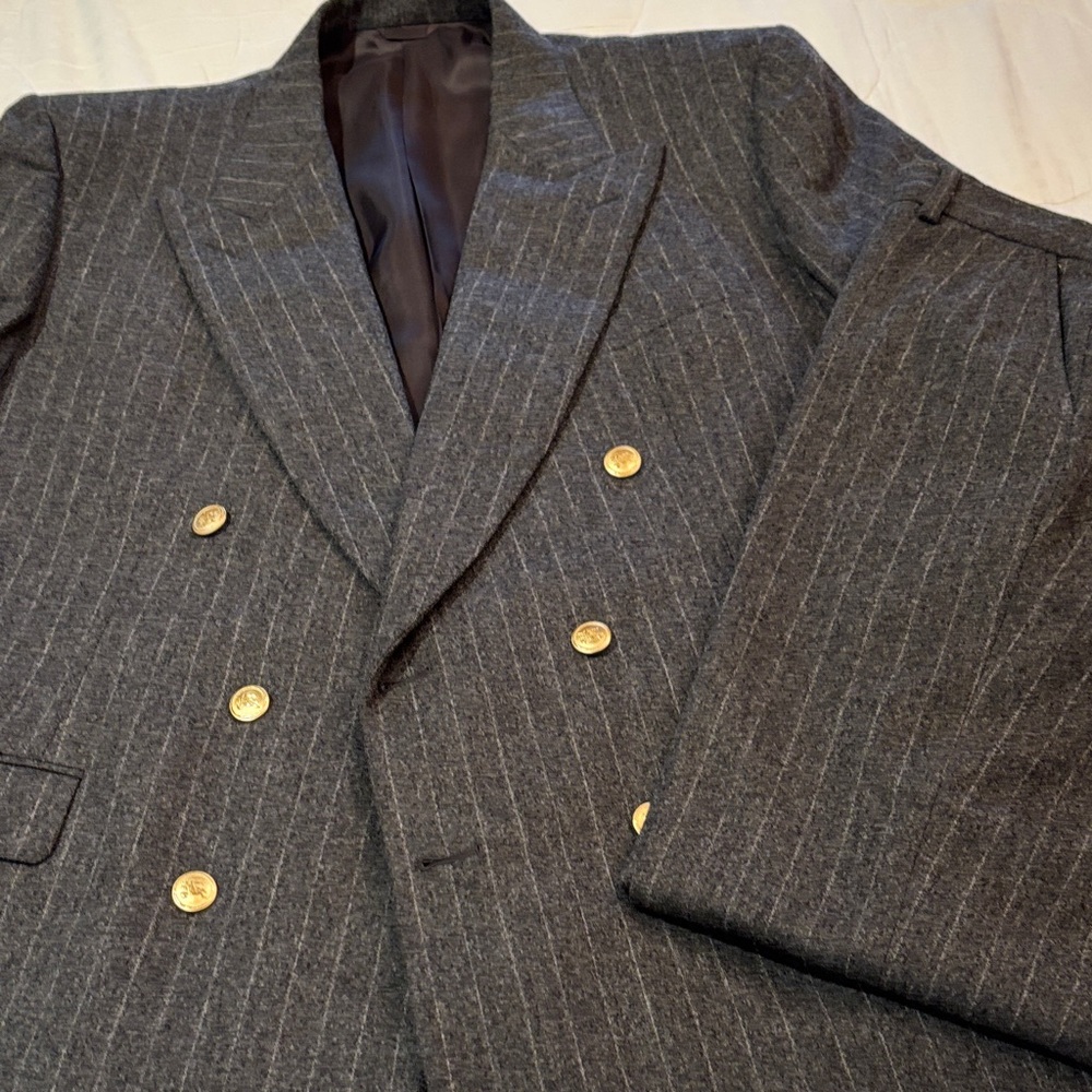 Burberry Charcoal Pinstripe Suit with Gold Buttons